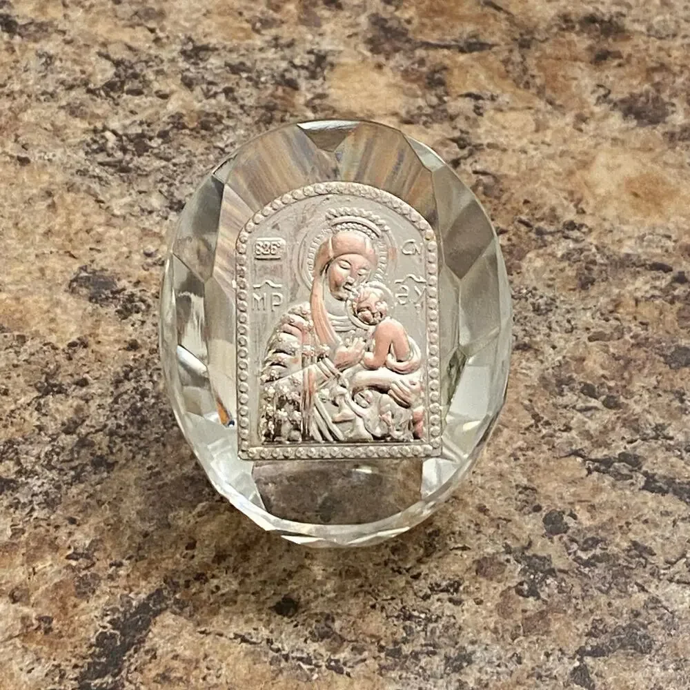 Self Standing Crystal Block with Virgin Mary and Baby Jesus Christ Mantle Decor